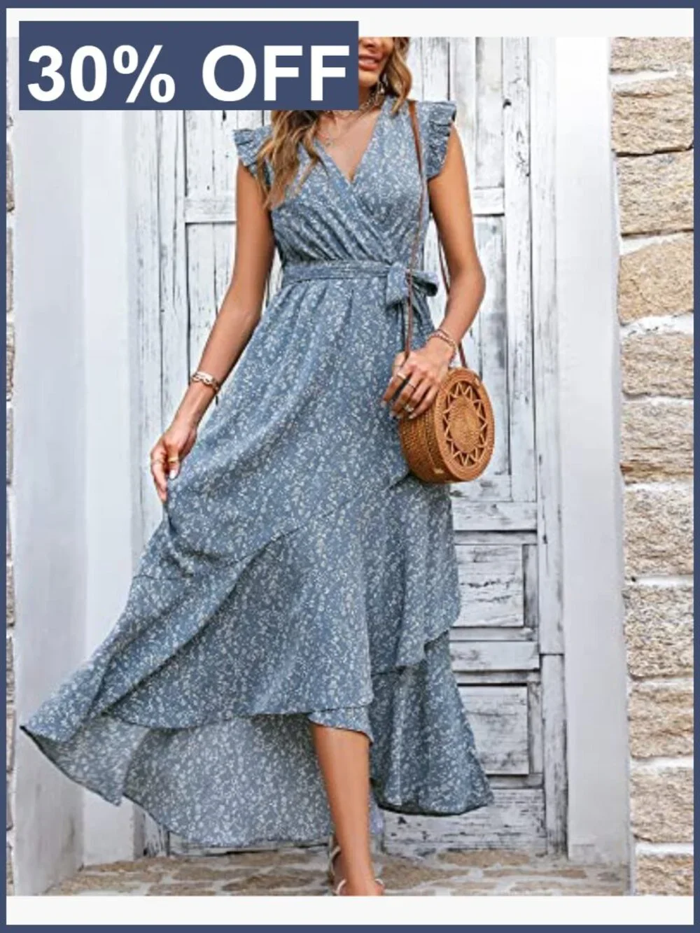 Boho Wrap Maxi Dress with Ruffle Sleeves and Self Tie Belt - Picture 2 of 7